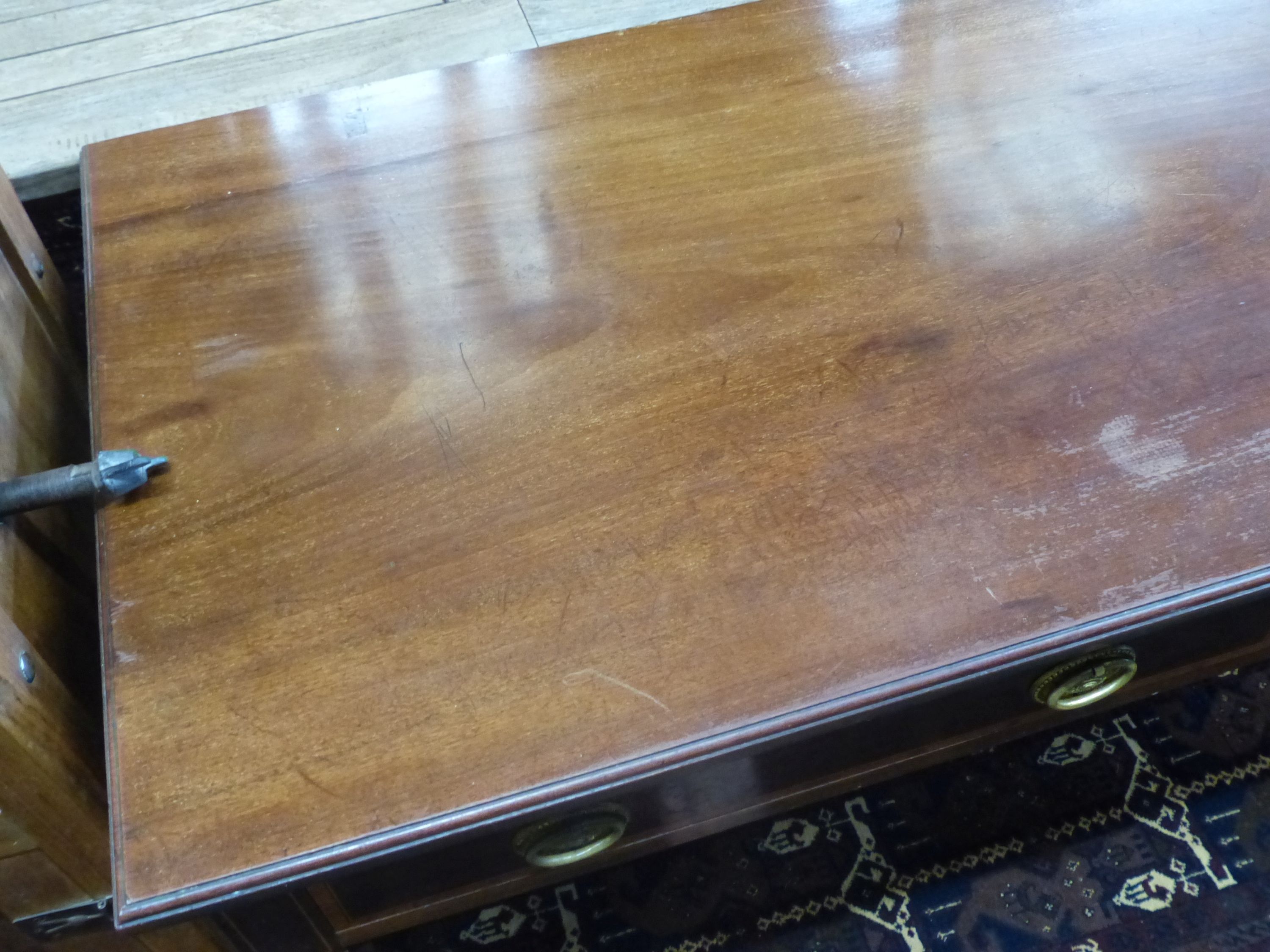 An Edwardian satinwood banded mahogany two drawer side table, width 122cm, depth 54cm, height 76cm